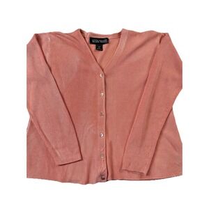 Linda Allard Ellen Tracy Silk Ribbed Knit Cardigan Coral/Pink Button V-Neck Sz M